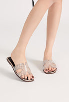 BLACK FLAT CLEAR STRAP BEADED DECOR SLIDER SANDALS MULES