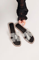 BLACK FLAT CLEAR STRAP BEADED DECOR SLIDER SANDALS MULES