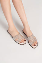 WHITE FLAT CLEAR STRAP BEADED DECOR SLIDER SANDALS MULES