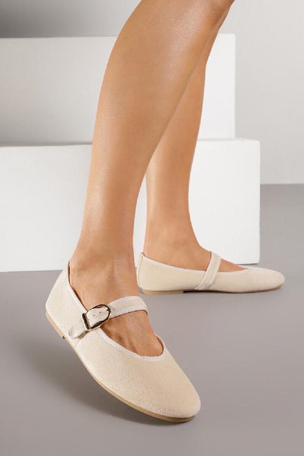 Women’s Beige Faux Suede Mary Jane Ballet Flats Classic Comfort Shoes