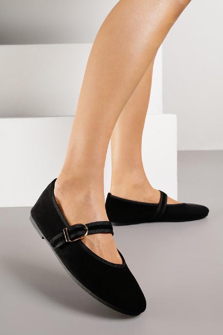 Women’s Black Faux Suede Mary Jane Ballet Flats Classic Comfort Shoes