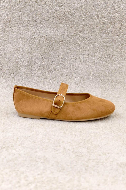 Women’s Camel Faux Suede Mary Jane Ballet Flats Classic Comfort Shoes