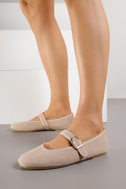 Women’s Khaki Faux Suede Mary Jane Ballet Flats Classic Comfort Shoes