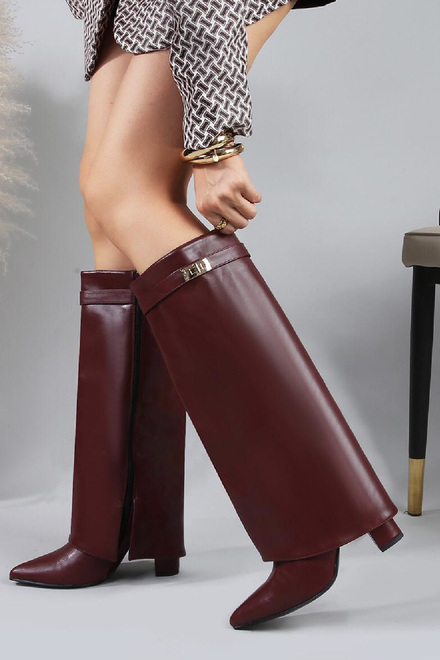 WINE RED PU FOLD OVER BUCKLE DETAIL FULL INSIDE ZIP BLOCK HEEL KNEE HIGH SHARK BOOTS