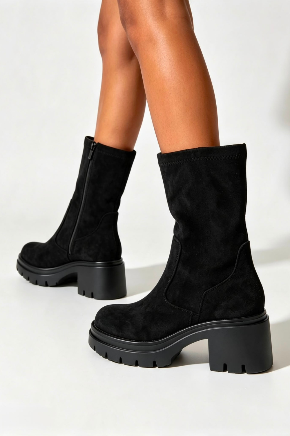 Black Faux Suede Chunky Block Heel Lug Sole Sock Ankle Boots