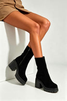 Black Faux Suede Chunky Block Heel Lug Sole Sock Ankle Boots