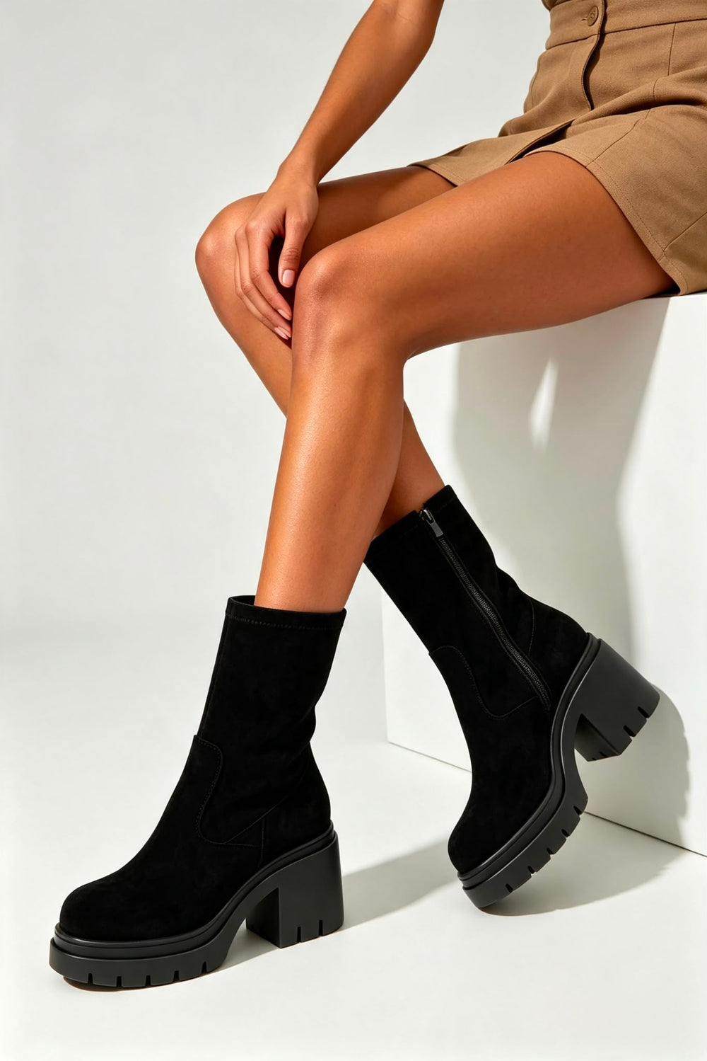 Black Faux Suede Chunky Block Heel Lug Sole Sock Ankle Boots