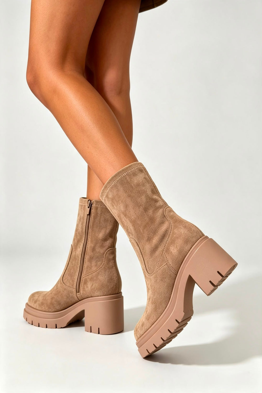 Khaki Faux Suede Chunky Block Heel Lug Sole Sock Ankle Boots
