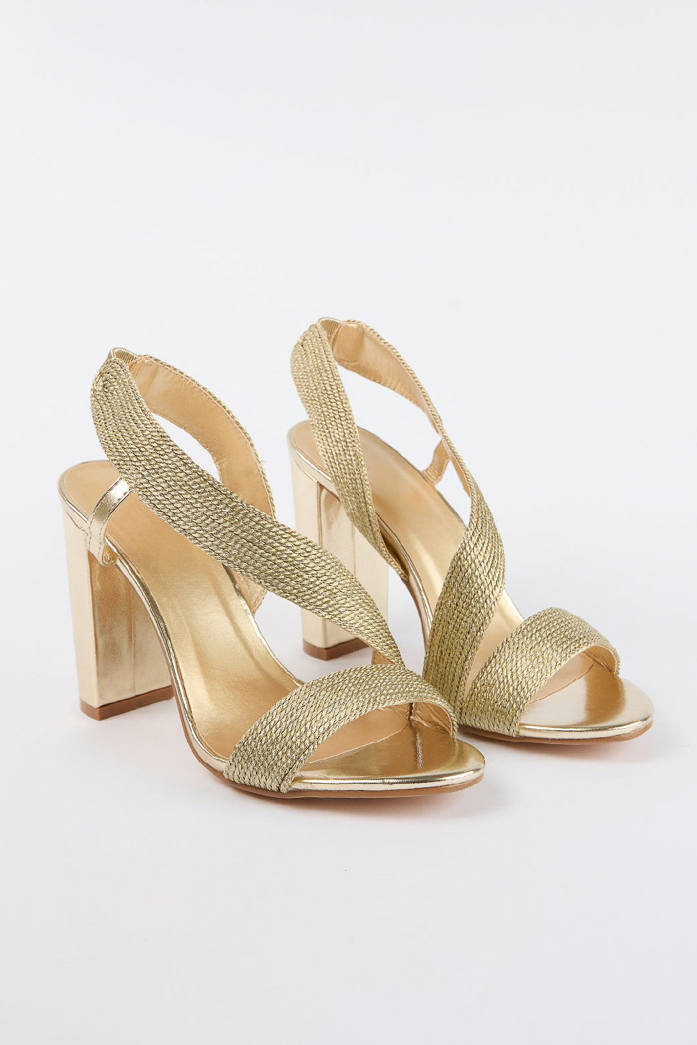 GOLD WOVEN DETAIL BLOCK HEELED PARTY SANDAL