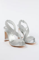 SILVER WOVEN DETAIL BLOCK HEELED PARTY SANDAL