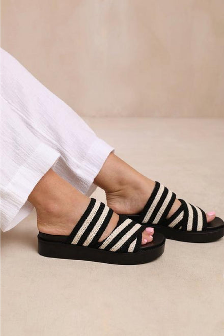 BLACK BEIGE WOVEN CROSS STRAP FLATFORM SLIDER SANDAL