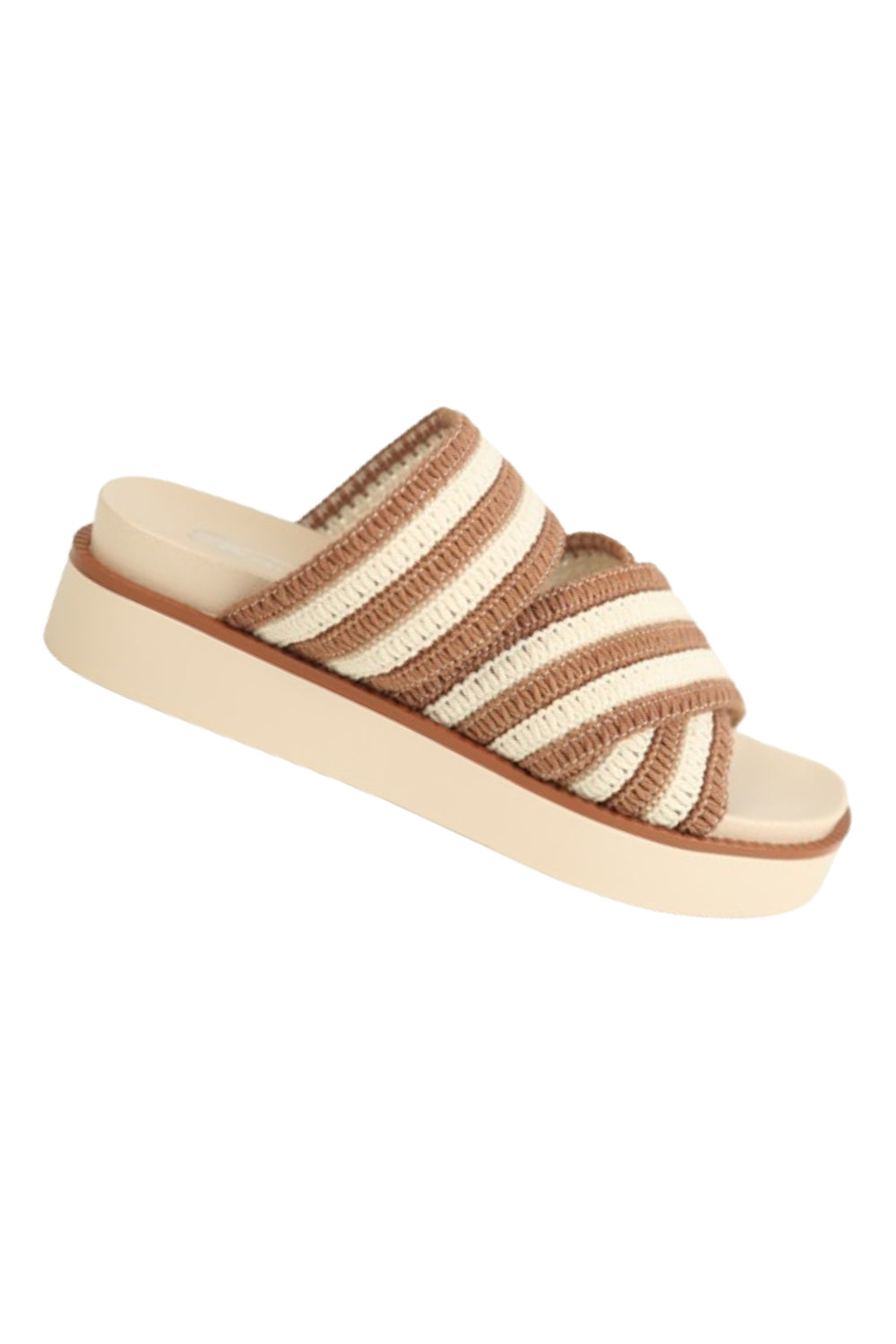 MOCHA BEIGE WOVEN CROSS STRAP FLATFORM SLIDER SANDAL