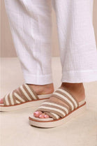 MOCHA BEIGE WOVEN CROSS STRAP FLATFORM SLIDER SANDAL