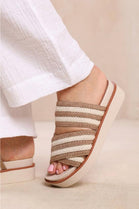 MOCHA BEIGE WOVEN CROSS STRAP FLATFORM SLIDER SANDAL