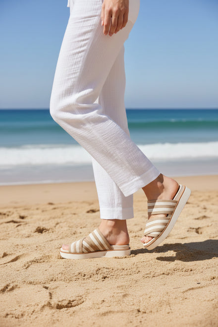 Ladies Mocha Striped Platform Slide Sandals - Pack B