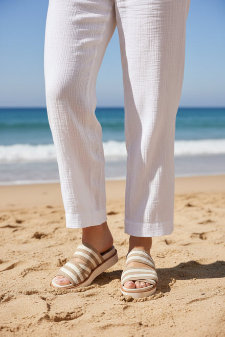 Ladies Mocha Striped Platform Slide Sandals - Pack A