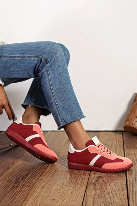 WINE FAUX SUEDE GUM SOLE PLATFORM TRAINERS WITH CONTRAST STRIPES