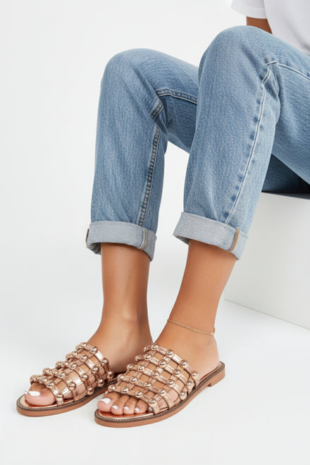 Rose Gold Studded Caged Flat Slider Sandals