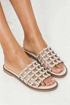 Nude PU Studded Caged Flat Slider Sandals