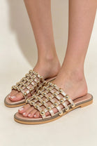 Rose Gold Studded Caged Flat Slider Sandals