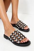 Black PU Studded Caged Flat Slider Sandals