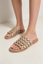 Rose Gold Studded Caged Flat Slider Sandals