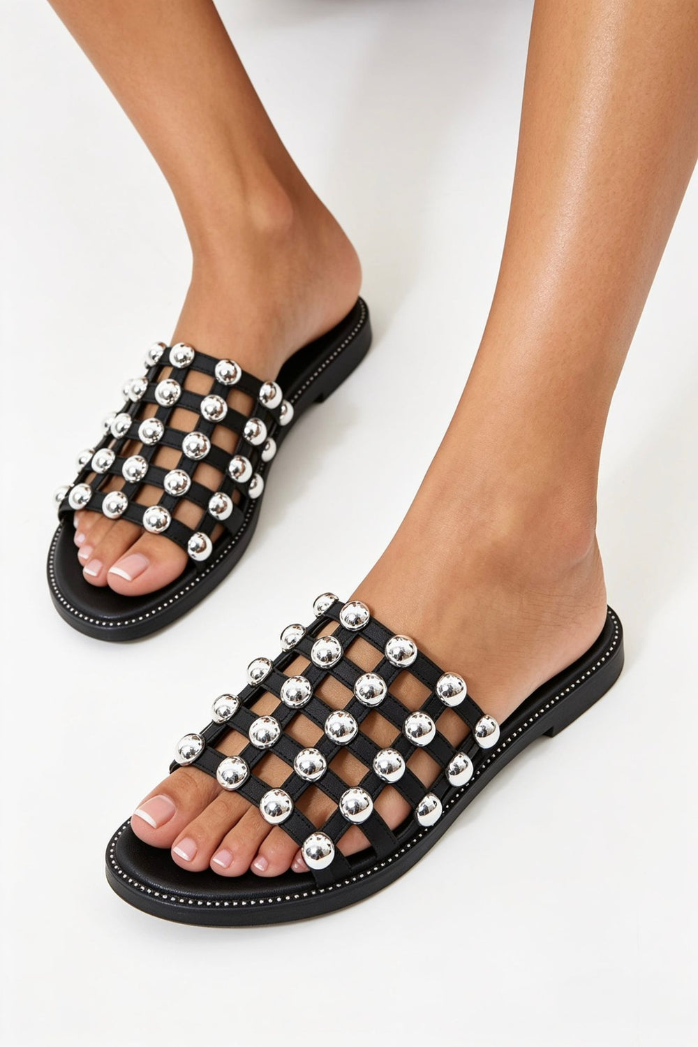 Black PU Studded Caged Flat Slider Sandals