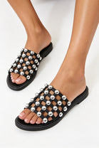 Black PU Studded Caged Flat Slider Sandals