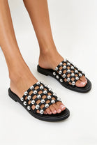 Black PU Studded Caged Flat Slider Sandals