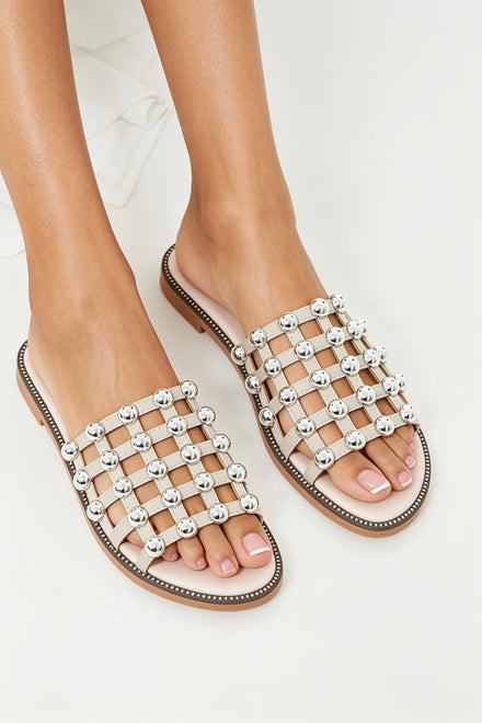 Nude PU Studded Caged Flat Slider Sandals