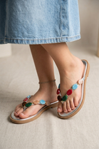 Women’s Silver Flat Sandals with Multicolour Gem Strap