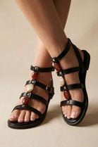 Women's Black Pu Stone-Embellished Flat Multi-Strap Gladiator Sandals