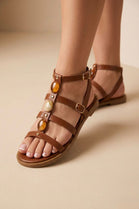 Women's Tan Pu Stone-Embellished Flat Multi-Strap Gladiator Sandals