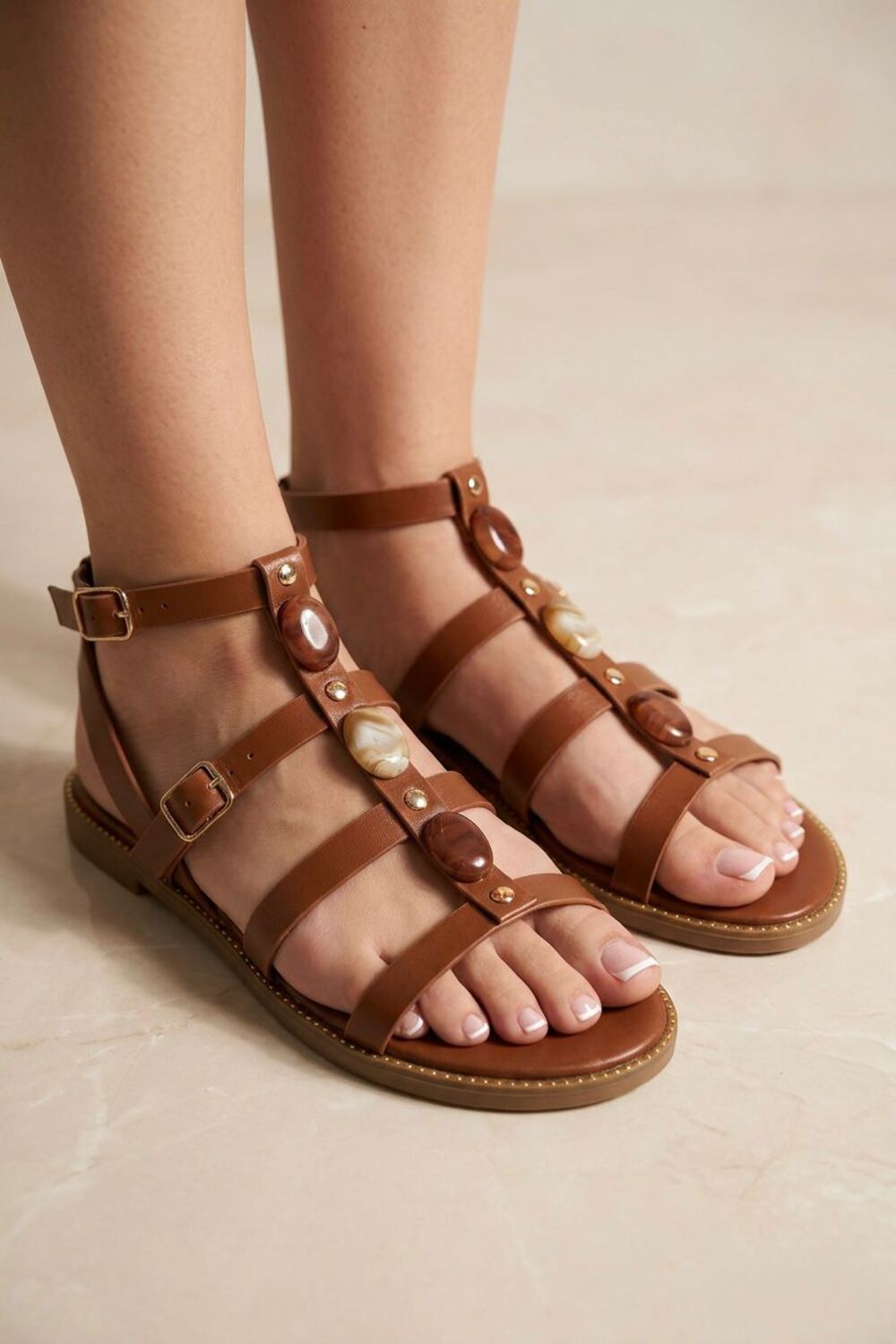 Women's Tan Pu Stone-Embellished Flat Multi-Strap Gladiator Sandals