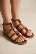 Women's Tan Pu Stone-Embellished Flat Multi-Strap Gladiator Sandals