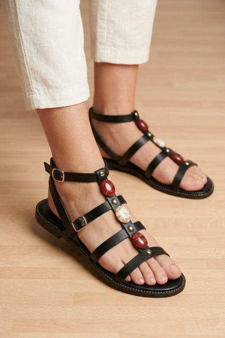 Women's Black Pu Stone-Embellished Flat Multi-Strap Gladiator Sandals
