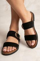 Women's Dual-Strap Black Suede Slide Sandals with Gold Buckle