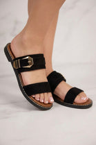 Women's Dual-Strap Black Suede Slide Sandals with Gold Buckle