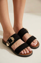 Women's Dual-Strap Black Suede Slide Sandals with Gold Buckle