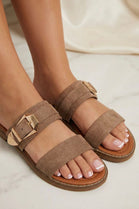 Women's Dual-Strap Camel Suede Slide Sandals with Gold Buckle