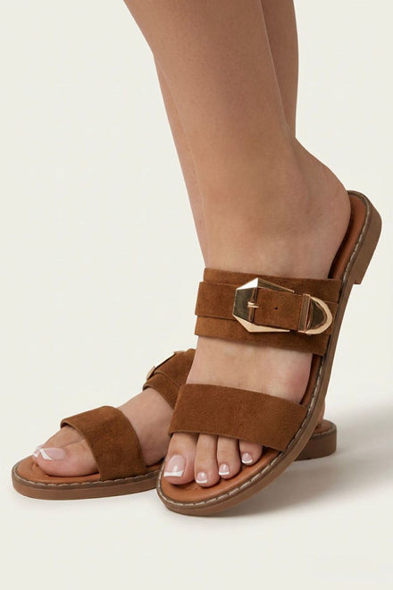 Women's Dual-Strap Tan Suede Slide Sandals with Gold Buckle