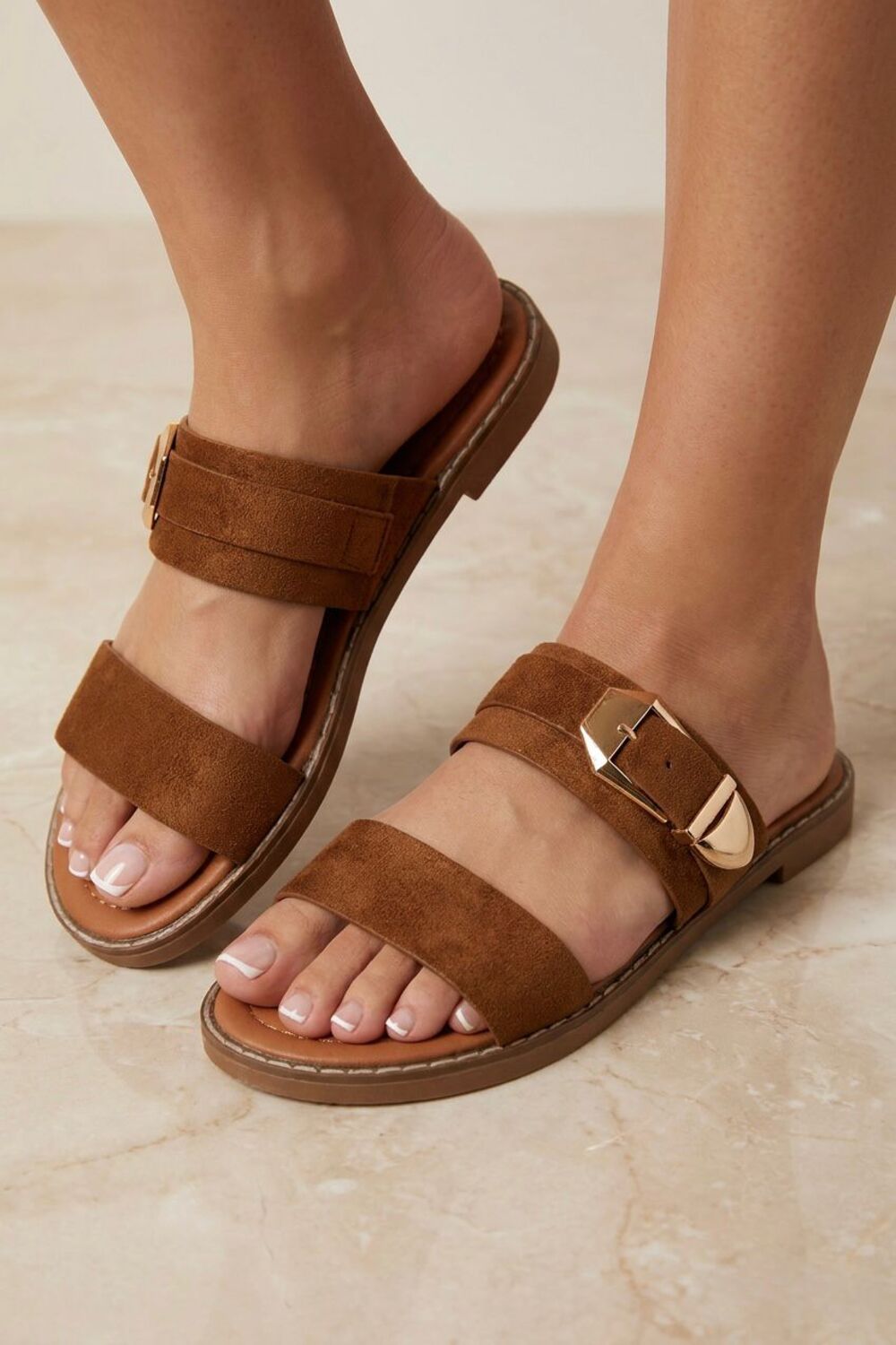 Women's Dual-Strap Tan Suede Slide Sandals with Gold Buckle
