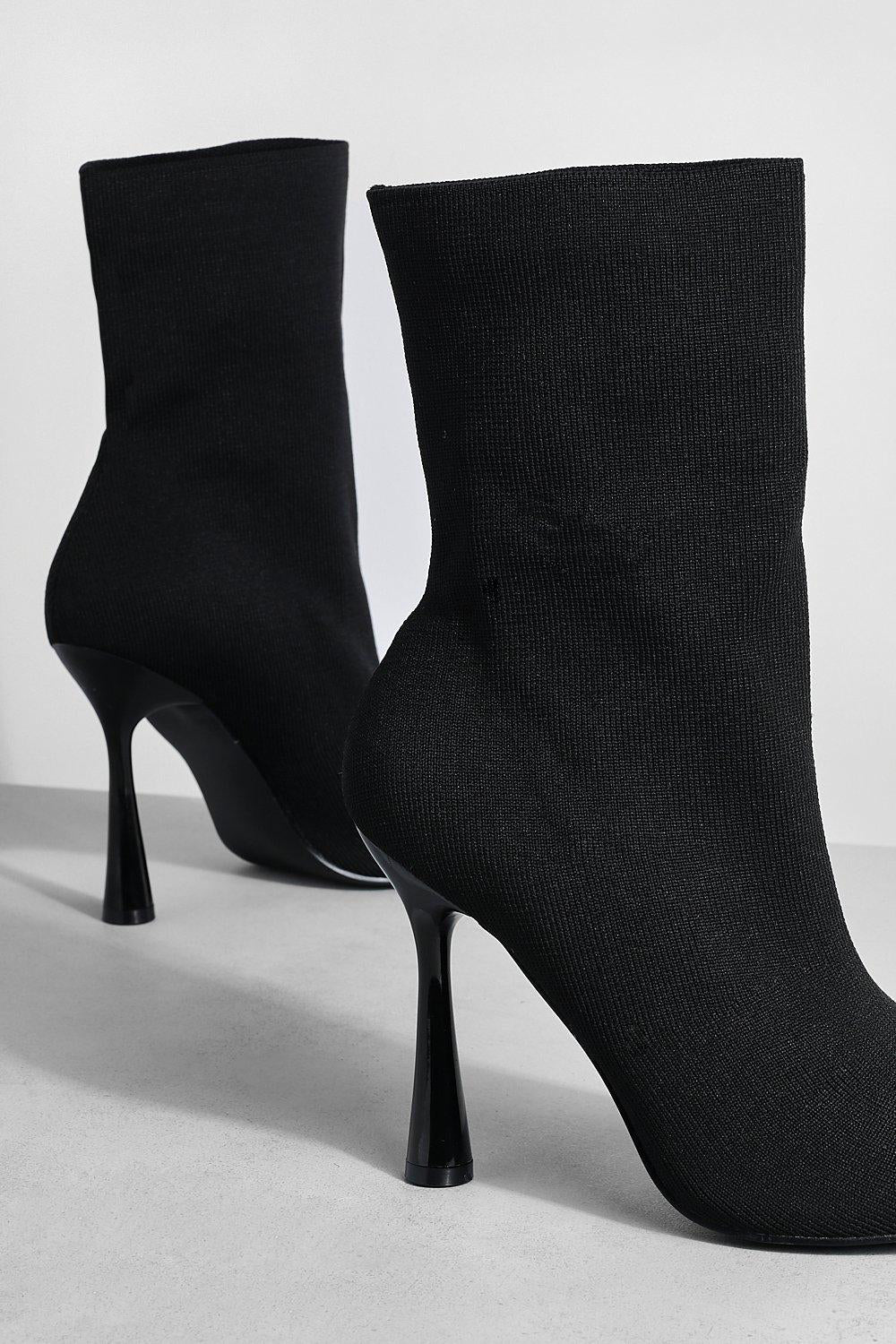 Black Knitted High Heels Mid Calf Sock Boots In Black