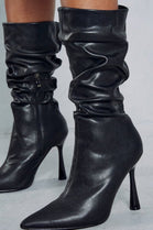Black PU Ruched Stiletto Heel Pointed Toe Calf High Boots