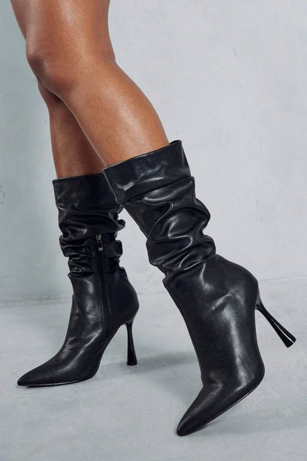 Black PU Ruched Stiletto Heel Pointed Toe Calf High Boots