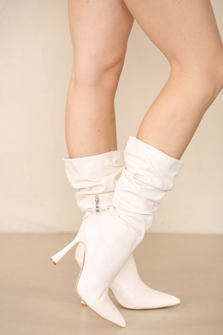 Cream PU Ruched Stiletto Heel Pointed Toe Calf High Boots