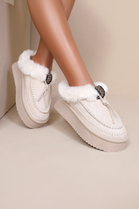 BEIGE FAUX FUR LINED WINTER WARM SLIP ON BOOTS SLIPPERS