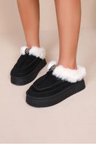 BLACK FAUX FUR LINED WINTER WARM SLIP ON BOOTS SLIPPERS