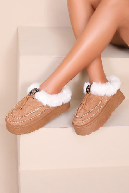 CAMEL FAUX FUR LINED WINTER WARM SLIP ON BOOTS SLIPPERS