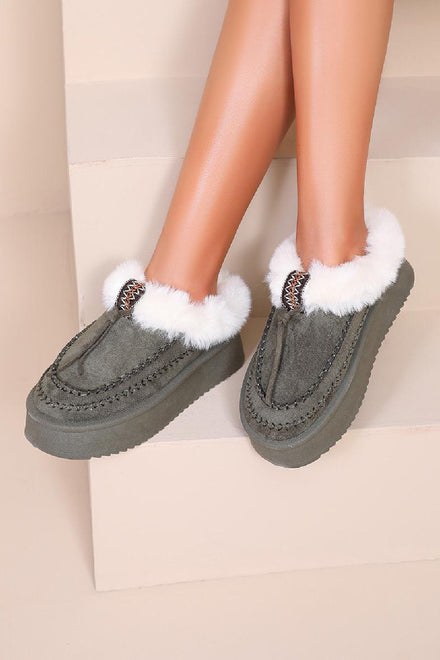 GREEN FAUX FUR LINED WINTER WARM SLIP ON BOOTS SLIPPERS
